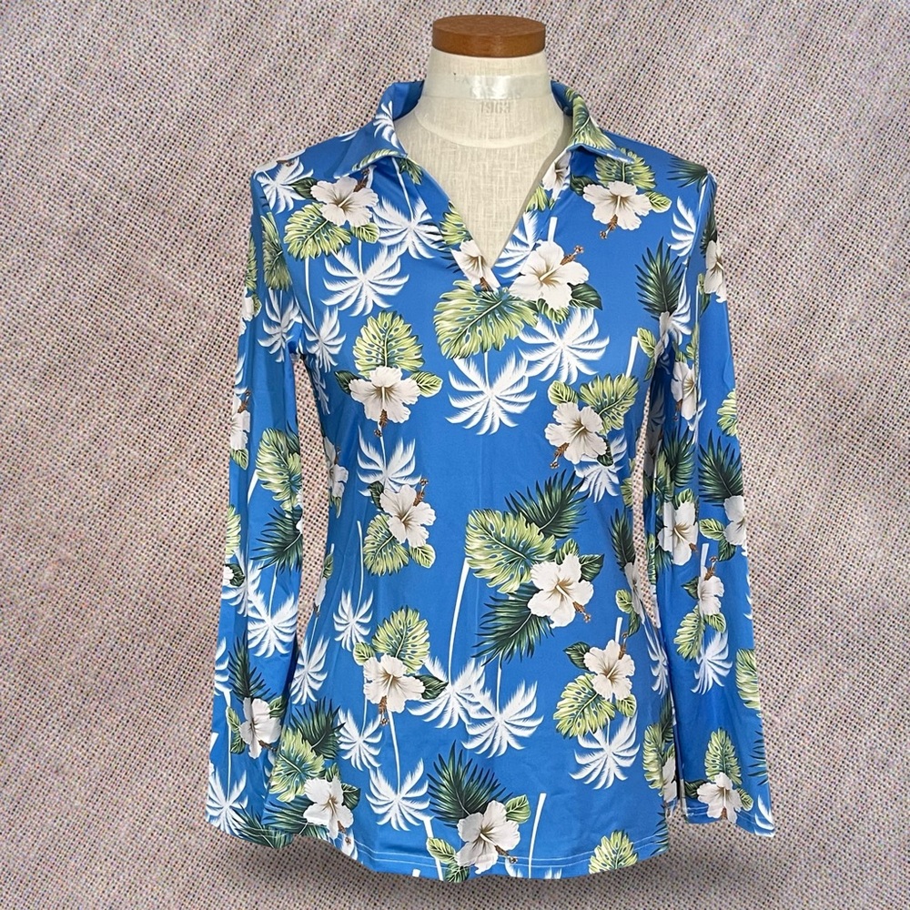 GGOV Long Sleeve V-neck Stretchy Performance Polo Shirt SzS Blue Floral